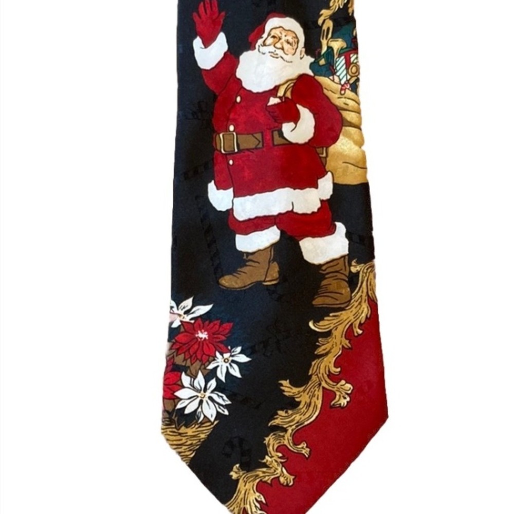 Hallmark Christmas Santa Claus Wreath Poinsettia Silk‎ Blend Tie Vintage Whimsy